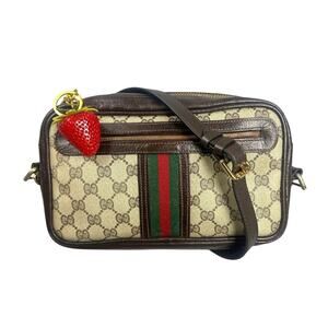 Gucci Bag GG Supreme Web Stripe Camera Crossbody Leather Canvas Brown